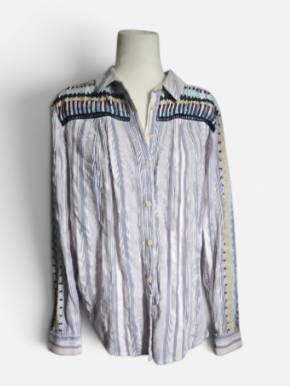 Anthropologie Light Blue Striped Button-Down Shirt with Embroidered Yoke